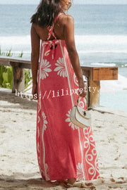 Unique Print Square Neck Open Back Tie Bow Holiday Maxi Dress