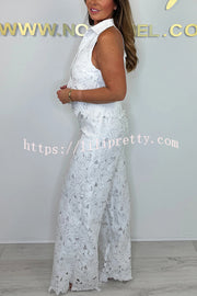 Delighted Embroidery Floral Hollow Lace Shirt-neck Vest and Wide Leg Pants Set