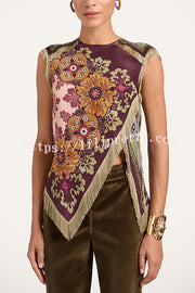Stunning Floral Print Asymmetric Tassel Trim Scarf Top