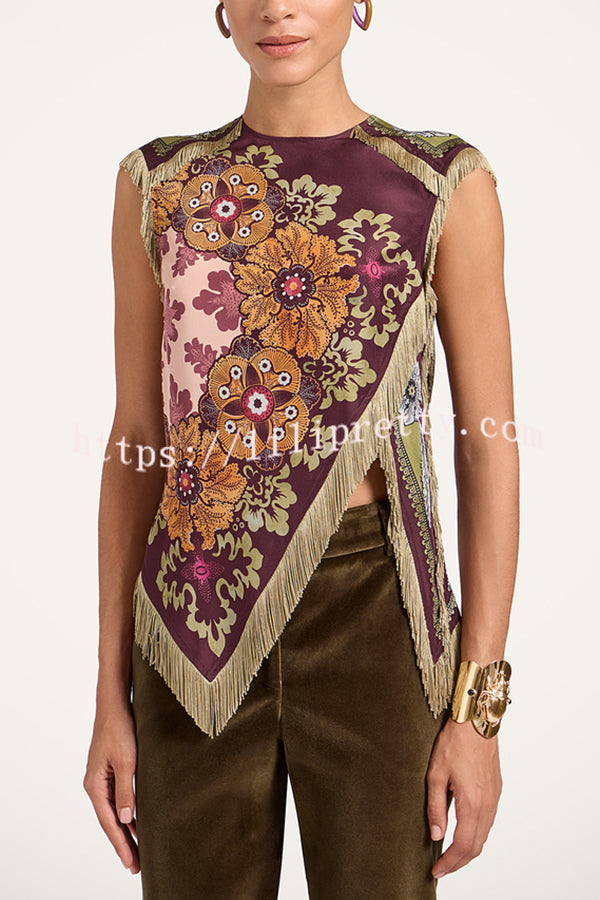 Stunning Floral Print Asymmetric Tassel Trim Scarf Top