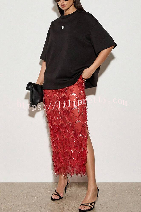 Sexy See-through Sequined Tassel Midi Skirt