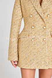 Heels Click Tweed Fabric Pearl Button Long Sleeve Lapel Blazer Mini Dress