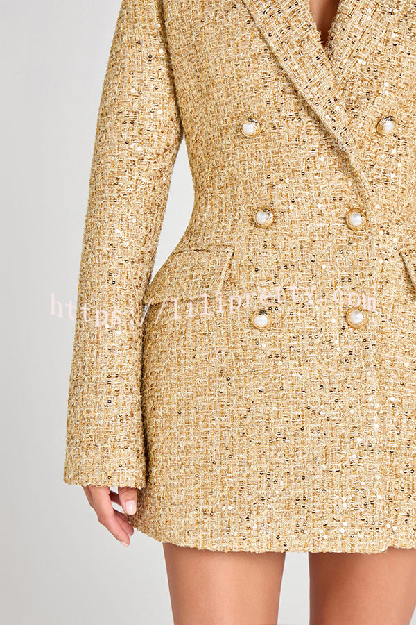 Heels Click Tweed Fabric Pearl Button Long Sleeve Lapel Blazer Mini Dress