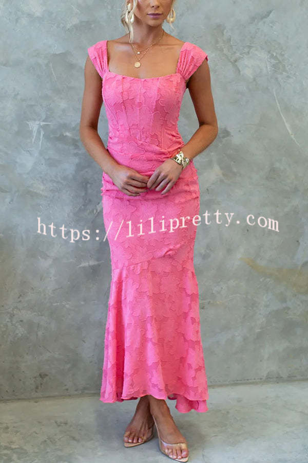 Unreal Beauty Floral Textured Material Ruched Fishtail Maxi Dress