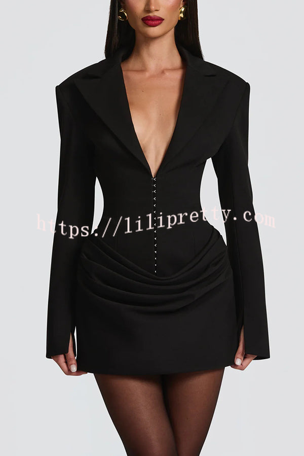 Solid Color Slim-fit V-neck Elegant Draped Formal Mini Dress