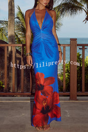 Floral Print Sexy Halterneck Open Back Pleated Slim Maxi Dress