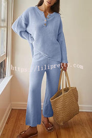 Lilipretty Heather Hailey Solid Color Casual Button V Neck Top and Pant Two Piece Set