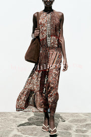 Ethnic Boho Colorblock Print Elastic Waist Resort Style Maxi Dress