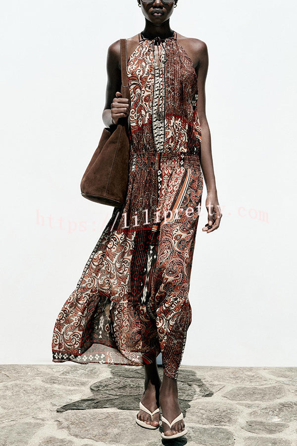 Ethnic Boho Colorblock Print Elastic Waist Resort Style Maxi Dress