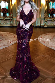 Lilipretty Jadore V Neck Open Back Sequin Lace Up Maxi Dress