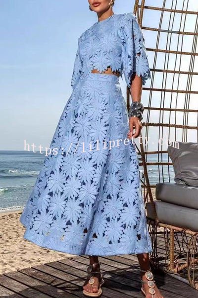Elegant Embroidered Hollow Flowers Bell Sleeve Top and Full Hem Maxi Skirt Set
