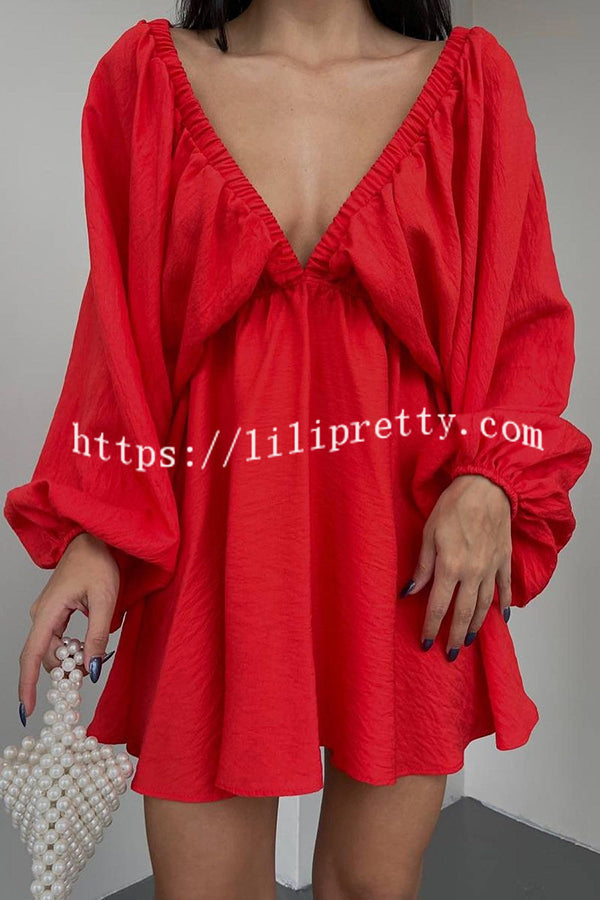 V Neck Puff Sleeve Solid Color Resort Style Mini Dress