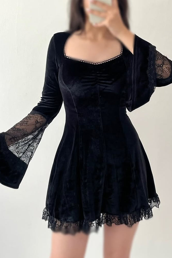 Solid Color Velvet and Lace Spliced long-sleeved Elegant Mini Dress