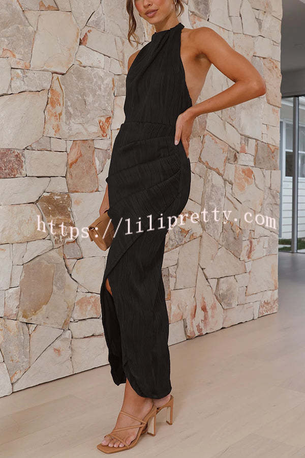 Zephyr Pleated Textured Fabric Halter Neck Backless Slit Maxi Dress