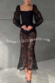 Timeless Moment Floral Lace Square Neck Button Up Balloon Sleeve Top