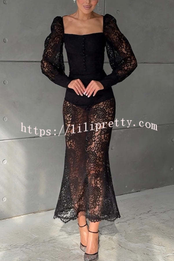 Timeless Moment Floral Lace Square Neck Button Up Balloon Sleeve Top