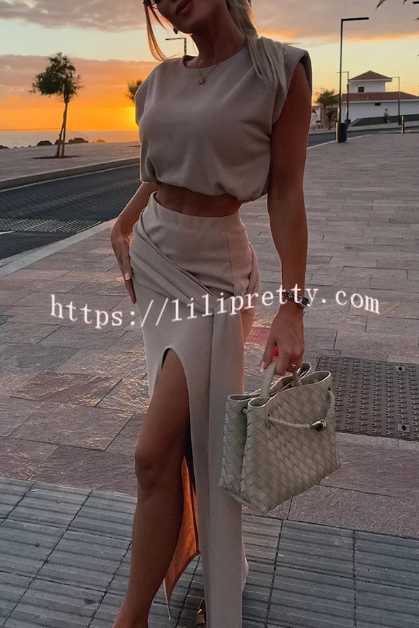 Comfortable Stylish Round Neck Sleeveless Casual Top and Elastic Waist Ruched Tie Slit Midi Skirt Set
