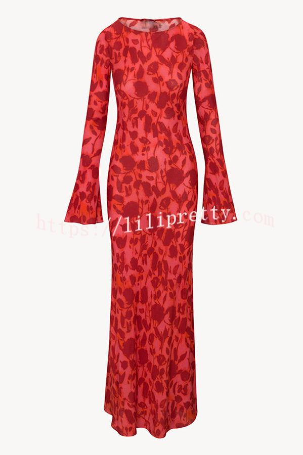 Gia Unique Print Boat Neck Long Bell Sleeve Bias Cut Maxi Dress