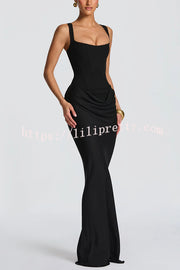 Larrah Square Neck Back Lace-up Satin Drape Hem Maxi Dress