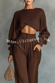 Solid Color Textured Fabric Round Neck Long-sleeved Top + High Waist Casual Pocket Wide-leg Pants Set