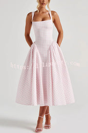 Playful Elf Gingham Square Neck Back Smocked Lace-up Midi Dress