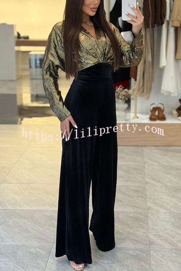 Caitlin Metallic Velvet Patchwork Long Batwing Sleeve Pocket Wide Leg Jumpsuit