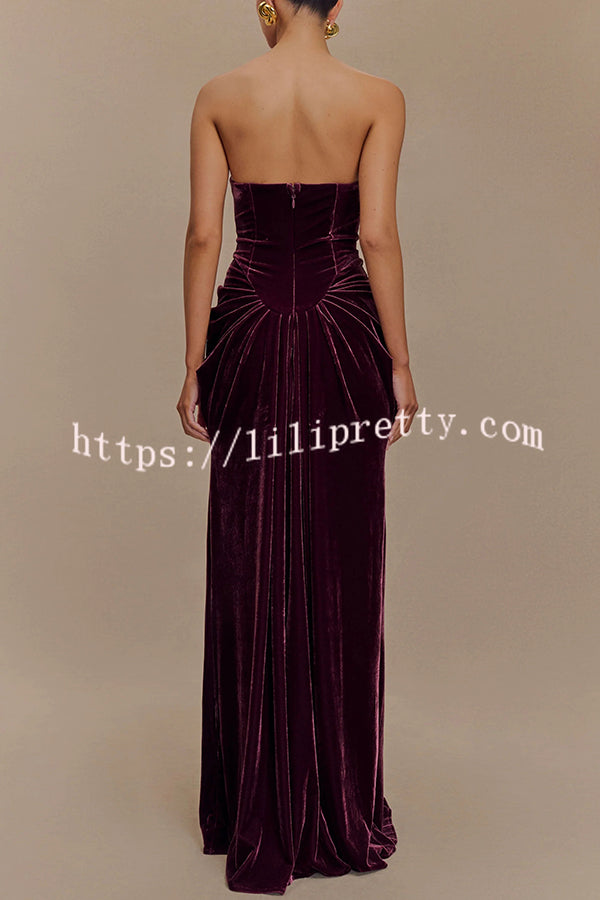 Paige Velvet Off Shoulder Side Pleated Hip Drape Maxi Dress