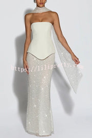 Oakley Corset Strapless Top and Sequin High Rise Maxi Skirt Scarf Set