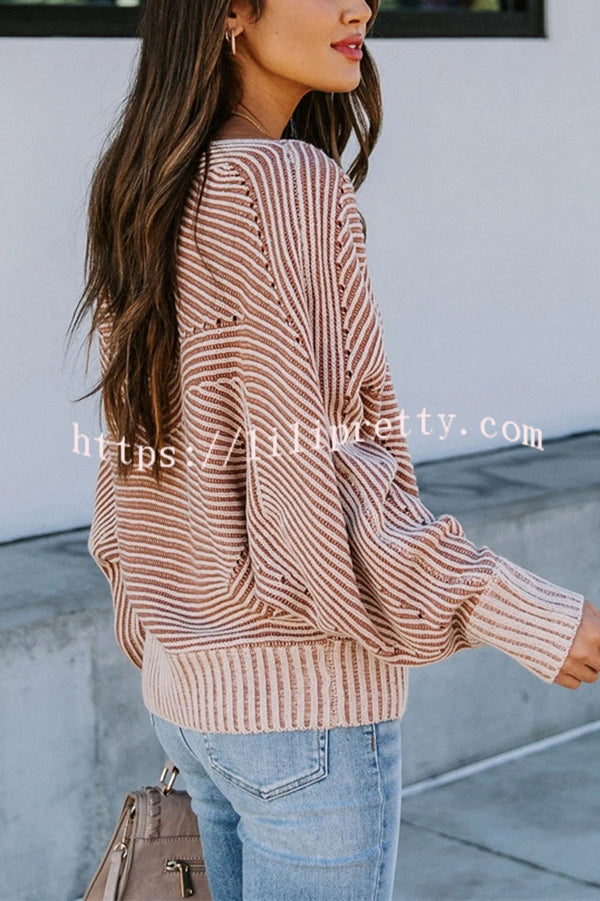 Knitted Striped Round Neck Dolman Sleeve Casual Loose Sweater