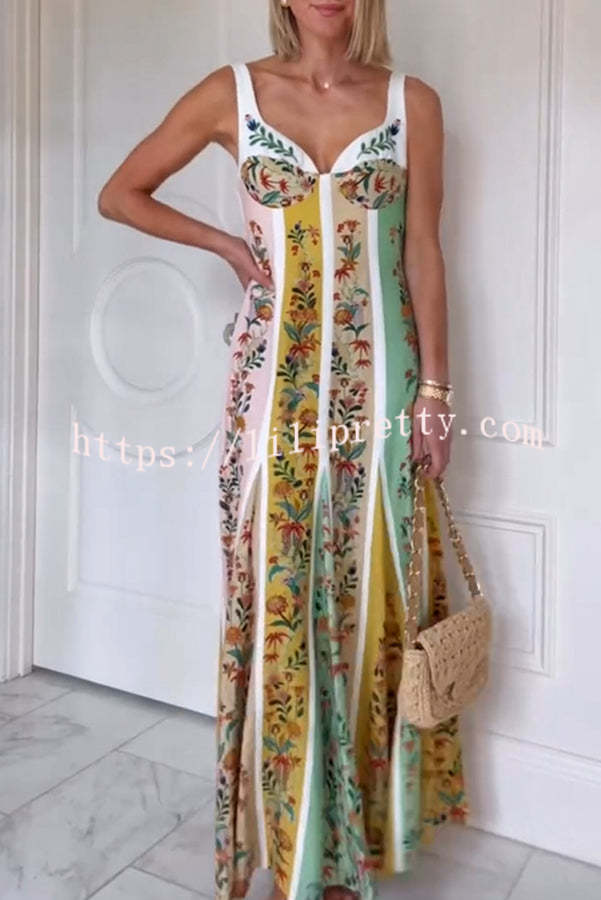 Sweet Garden Linen Blend Color Block Floral Paneled Maxi Dress