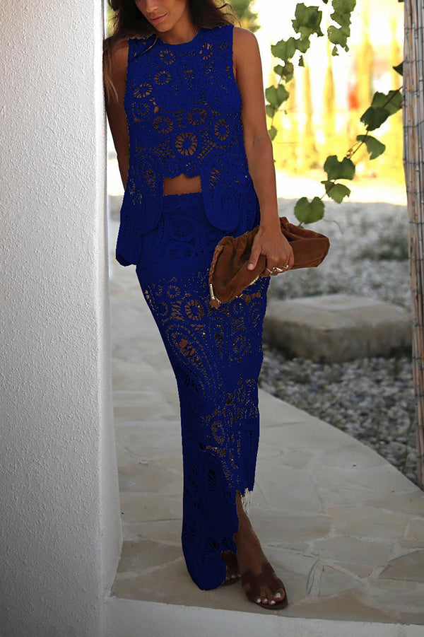 Lilipretty® Summer Getaway Look Crochet Lace Elastic Waist Irregular Hem Maxi Skirt