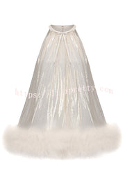 Viola Gold and Silver Glossy Fabric Bow Neck Faux-fur Hem A-line Mini Dress