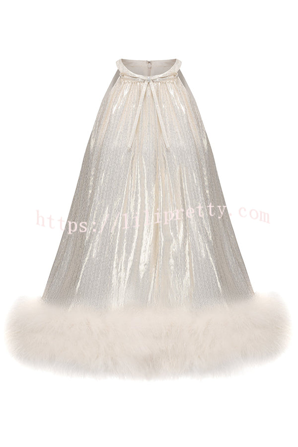 Viola Gold and Silver Glossy Fabric Bow Neck Faux-fur Hem A-line Mini Dress