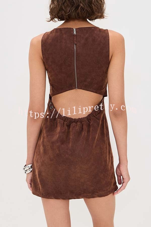 Atlas Faux Suede Open Back Button Accents Zipper Mini Dress