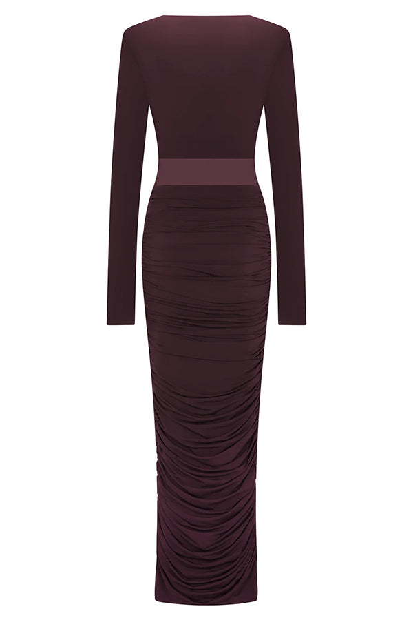 Sexy See-through Long-sleeved V-neck Pleated Slim-fit Maxi Dress