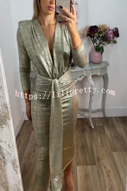 Shiny Lady Metallic Fabric Padded Long Sleeve Tie-up Ruched Midi Dress