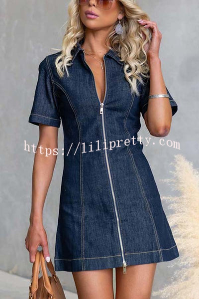 Street Chic Denim Shirt Neck Front Zip-up Stretch Mini Dress