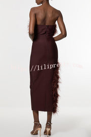Retro and Glamorous Feather Trim Detail Bandeau Slit Stretch Midi Dress