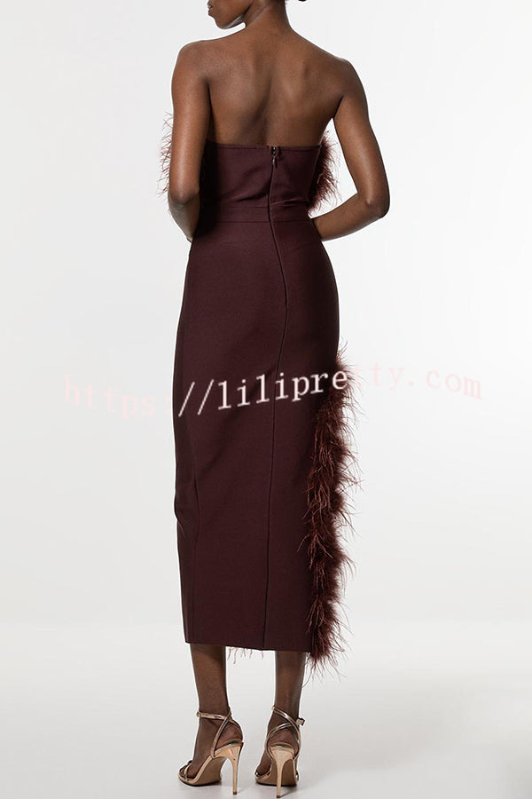Retro and Glamorous Feather Trim Detail Bandeau Slit Stretch Midi Dress