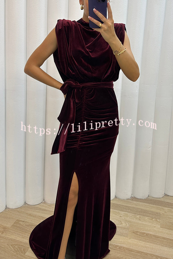 Lilipretty Milan Muse Velvet Padded Shoulder Ruched Belt Slit Maxi Dress