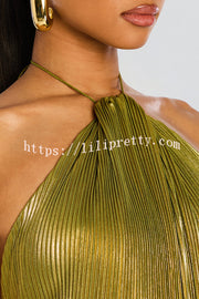 Glamorous Metallic Pleated Fabric Open Back Halter Slit Maxi Dress