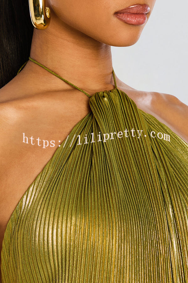Glamorous Metallic Pleated Fabric Open Back Halter Slit Maxi Dress