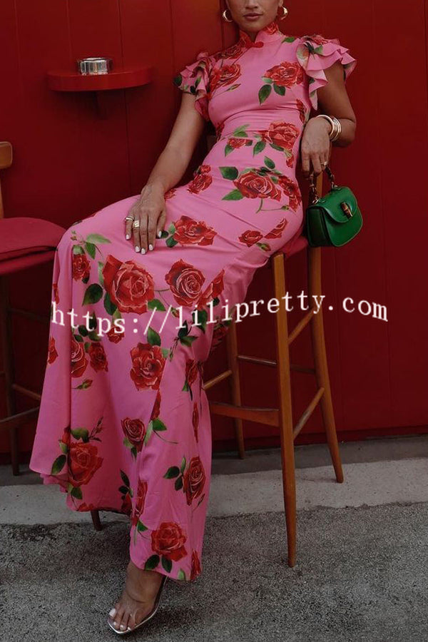 Cheongsam Style Rose Floral Print Tiered Flare Sleeve Stretch Maxi Dress