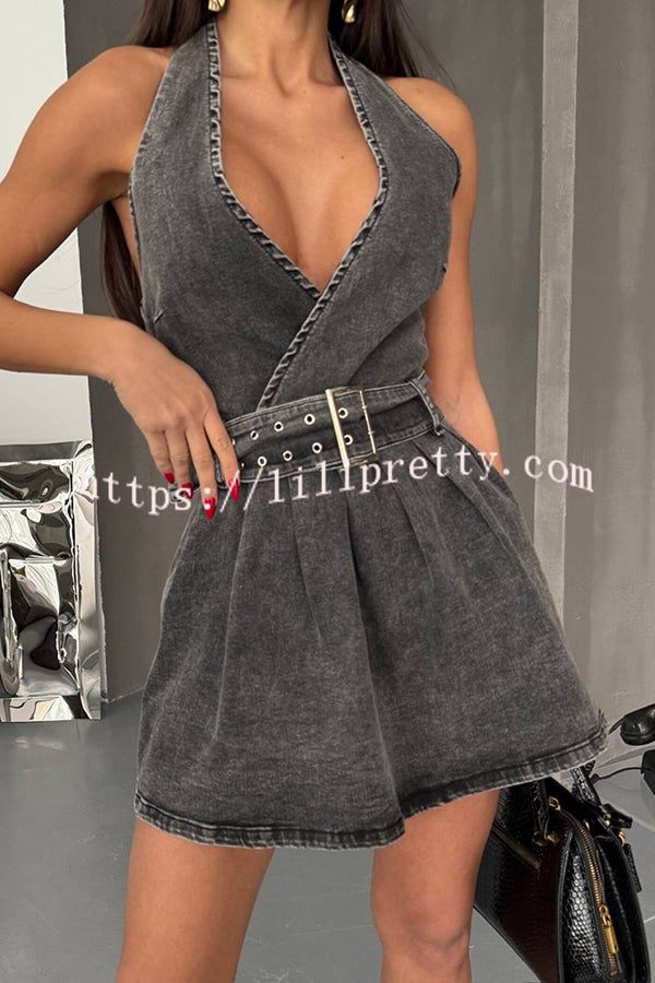 Fashionable Halterneck Open-back Belted Denim Mini Dress
