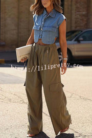 Stylish Weekend Denim Button Up Cape Sleeve Pocket Crop Top