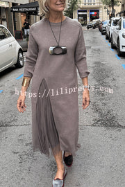 Jollie Knit Long Sleeve Front Slit Midi Sweater and Pleated Tulle Stretch Tank Midi Dress Two-piece Set