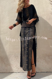 Lilipretty® Alana Linen Blend Ethnic Print Patchwork Side Lace-up Maxi Skirt