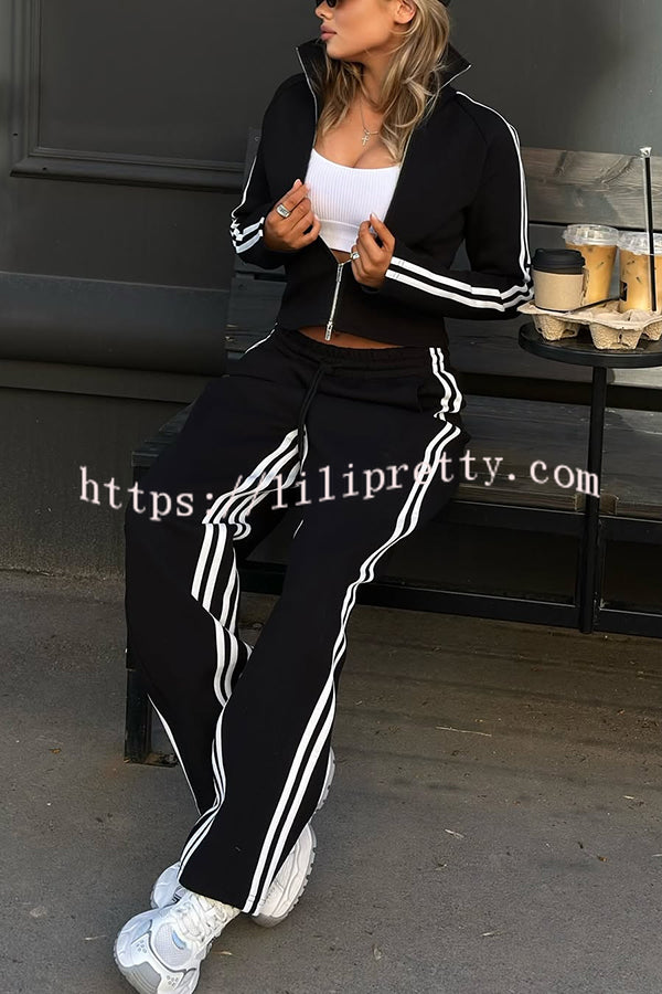 Fashionable Sports Style Striped Long-sleeved Jacket and Elastic Waist Casual Pants Set