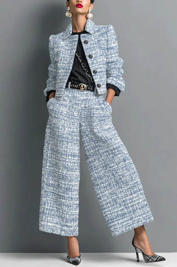 Stylish Long-sleeved Single-breasted Short Jacket and Casual Pocket Wide-leg Pants Sets