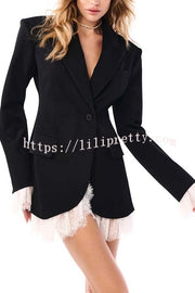 Cue The Chic Lace Trim Button Long Sleeve Lapel Blazer Mini Dress